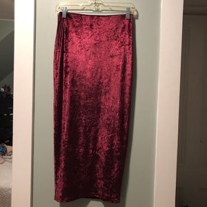 Red velvet pencil midi skirt
